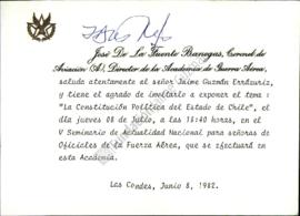 Tarjeta de Invitación a Jaime Guzmán a exponer en charla el tema "La Constitución Política d...