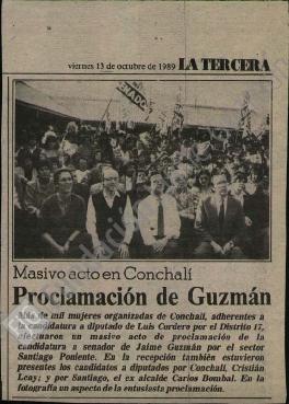 Prensa en La Tercera. Masivo acto en Conchalí: mujeres proclamaron a Jaime Guzmán
