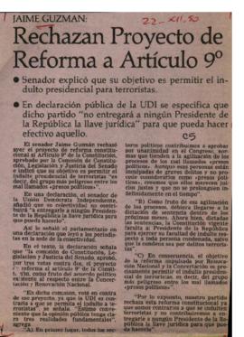 Prensa en El Mercurio. Jaime Guzmán: Rechazan proyecto de reforma a Artículo 9°
