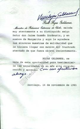 Carta en respuesta de agradecimiento a Jaime Guzmán
