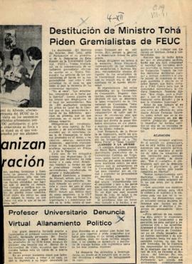 Prensa en El Mercurio. Destitución de ministro Tohá piden gramialistas de FEUC