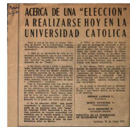 Prensa en El Mercurio. Acerca de una "Elección" a realizarse hoy en la Universidad Cató...