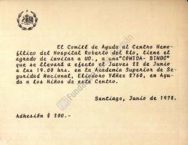 Tarjeta de invitación a Jaime Guzmán a Comida Bingo organizado por el Comité de Ayuda al Centro H...