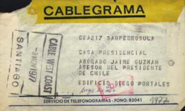 Telegrama con felicitaciones a Jaime Guzmán por exposición en televisión en Honduras