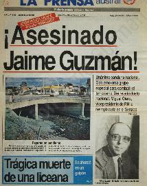 Portada La Prensa Austral "¡Asesinado Jaime Guzmán!"