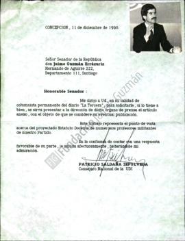 Carta a Jaime Guzmán solicitando presentar a La Tercera un columnista invitado respecto a proyect...