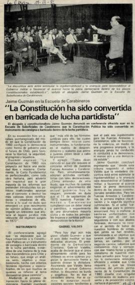 Prensa en La Tercera. Jaime Guzmán en la Escuela de Carabineros: "La Constitución ha sido co...