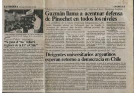 Prensa La Tercera. Guzmán Llama a Acentuar Defensa de Pinochet en Todos los Niveles