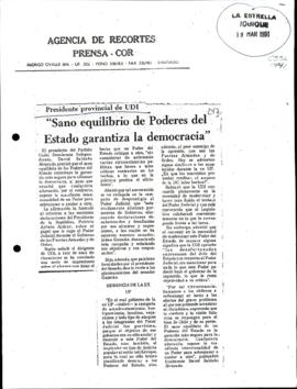 Prensa en La Estrella de Iquique. Presidente provincial de UDI: "Sano equilibrio de Poderes ...