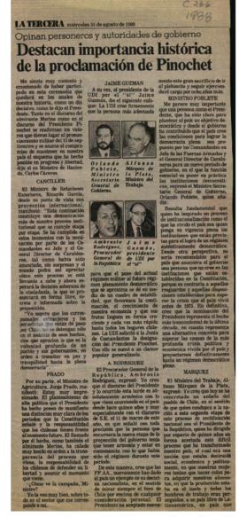Prensa La Tercera. Destacan Importancia Histórica de la Proclamación de Pinochet