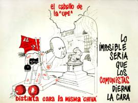 Tríptico con caricaturas denunciando que candidatura de Felipe Herrera a la rectoría de la U de C...
