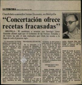 Prensa en La Tercera. Candidato a senador Jaime Guzmán, en Melipilla: Concertación ofrece recetas...