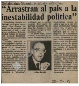 Prensa en La Tercera. Señaló Jaime Guzmán en alusión a Zaldívar: arrastran al país a la inestabil...