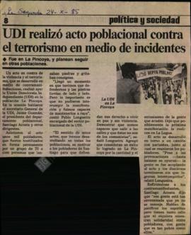 Prensa La Segunda. UDI Realizó acto poblacional contra el terrorismo en medio de incidentes