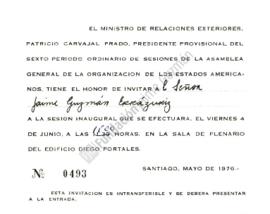 Tarjeta de invitación a Jaime Guzmán a sesión inaugural de la Asamblea General de la Organización...