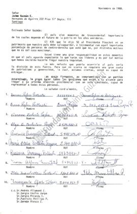 Carta con firmas dirigida a Jaime Guzmán y otros
