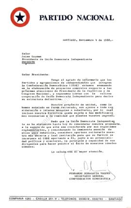 Documento Carta de Partido Nacional a Jaime Guzmán como Presidente UDI