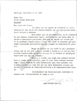 Carta de felicitaciones a Jaime Guzmán por triunfo electoral