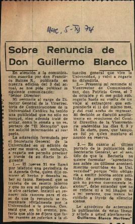 Prensa en El Mercurio. Sobre renuncia de don Guillermo Blanco