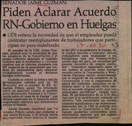 Prensa en El Mercurio. Senador Jaime Guzmán: piden aclarar acuerdo RN-Gobierno en huelgas