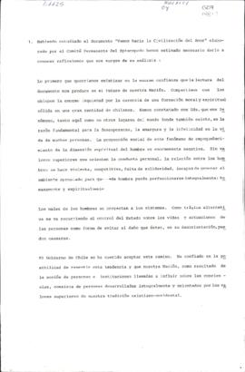 CARTA DE ODEPLAN A OBISPO ANTE DOCUMENTO "VAMOS HACIA LA CIVILIZACION DEL AMOR", ELABOR...