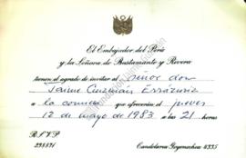 Tarjeta de invitación a Jaime Guzmán a comida en Embajada del Perú