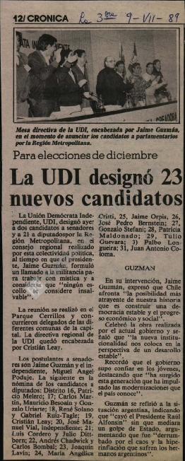 Prensa La Tercera. La UDI Designó 23 Nuevos Candidatos
