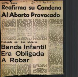 SANTA SEDE: REAFIRMA SU CONDENA AL ABORTO PROVOCADO