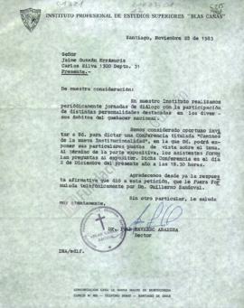 Carta de invitación a Jaime Guzmán a exponer en conferencia "Caminos de la nueva institucion...
