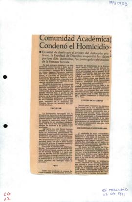 Prensa en El Mercurio. Comunidad Académica condenó el homicidio