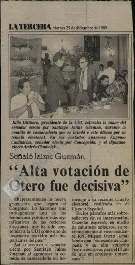 Prensa en La Tercera. Señaló Jaime Guzmán: Alta votación de Otero fue decisiva
