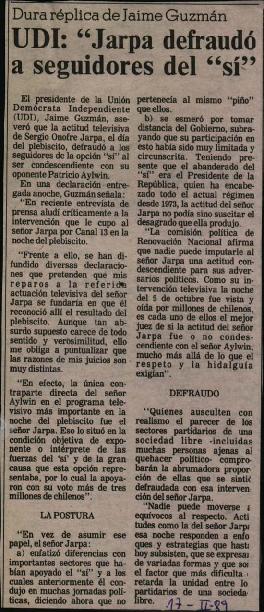 Prensa La Tercera. Dura Réplica de Jaime Guzmán a  Jarpa Defraudó a Seguidores del SÍ