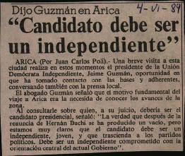 Prensa. "Candidato debe ser un independiente" dijo Guzmán en Arica