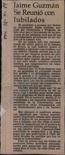 Prensa en El Mercurio. Jaime Guzmán se reunió con jubilados