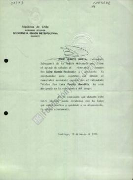 Carta a Jaime Guzmán informando la designación del cargo de intendencia del subrogante
