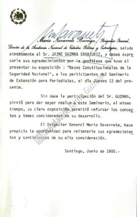Tarjeta de agradecimiento a Jaime Guzmán por charla "Bases Constitucionales de la Seguridad ...