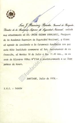Carta de invitación a Jaime Guzmán a ceremonia académica por aniversario de creación de la Academ...