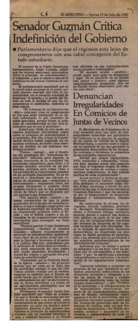 Prensa en El Mercurio. Senador Guzmán critica indefinición del Gobierno