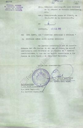 Carta de confirmación a Jaime Guzmán de calidad de profesor en cátedra de Derecho Constitucional ...