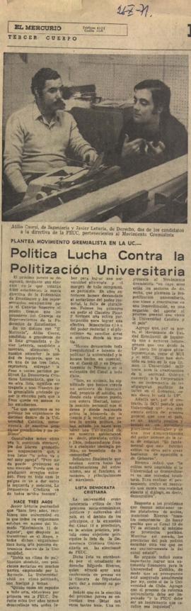 Prensa en El Mercurio. Plantea Movimiento Gremialista en la UC: Política lucha contra la politiza...