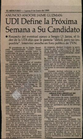 Prensa en El Mercurio. Anunció anoche Jaime Guzmán: UDI define la próxima semana a su candidato